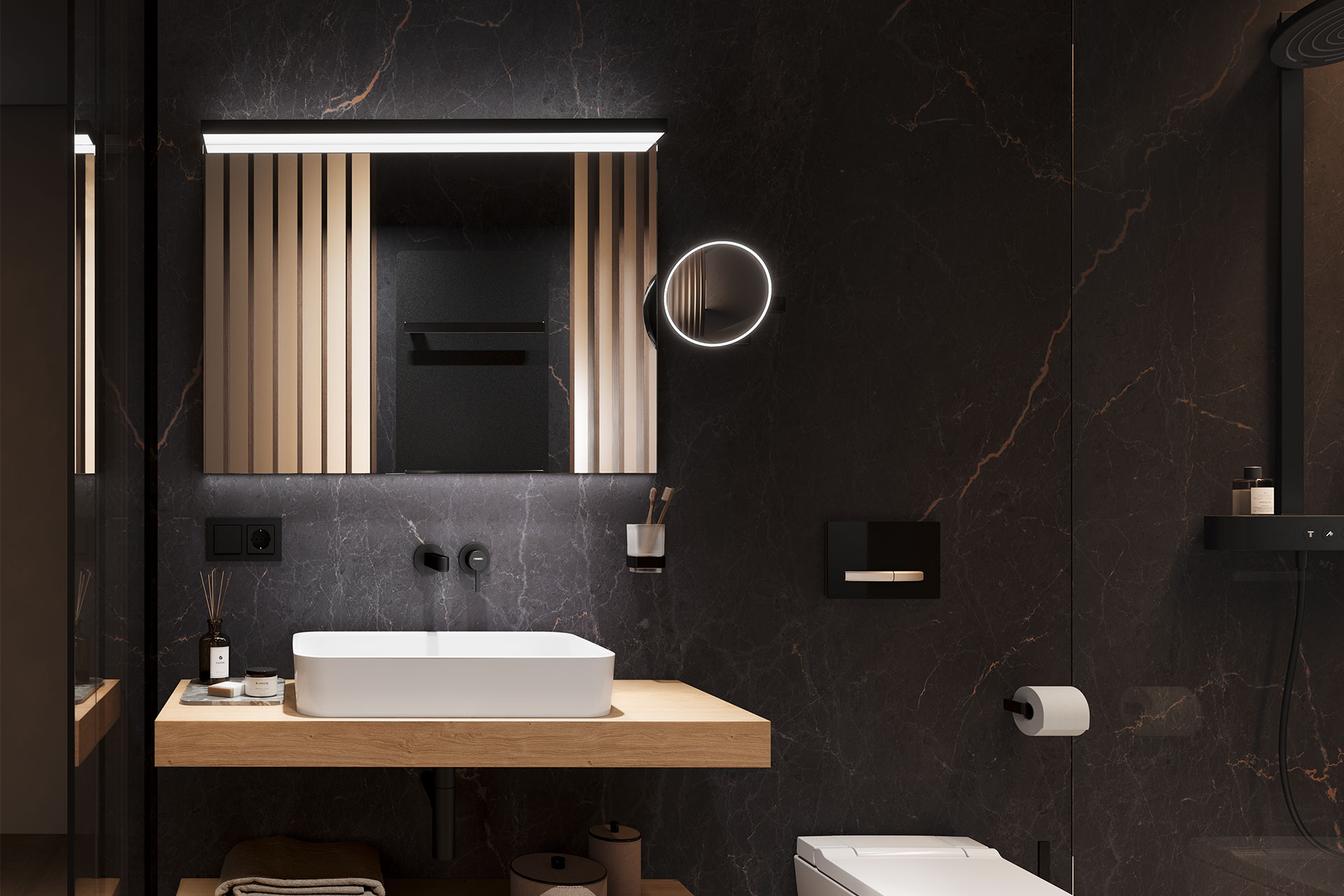 ADVANCED Line Ultimate SP – Dimmable light and adjustable light colour. Light mirror Perspective General view with indirect light above and below.