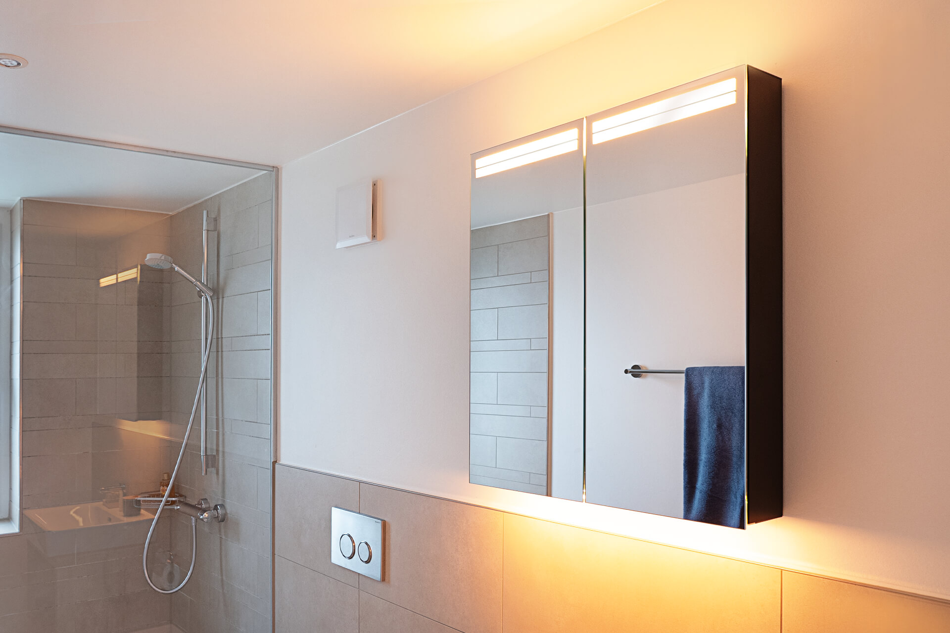 ARANGA Line TW mirror cabinet wall. Shower, shower divider and window.