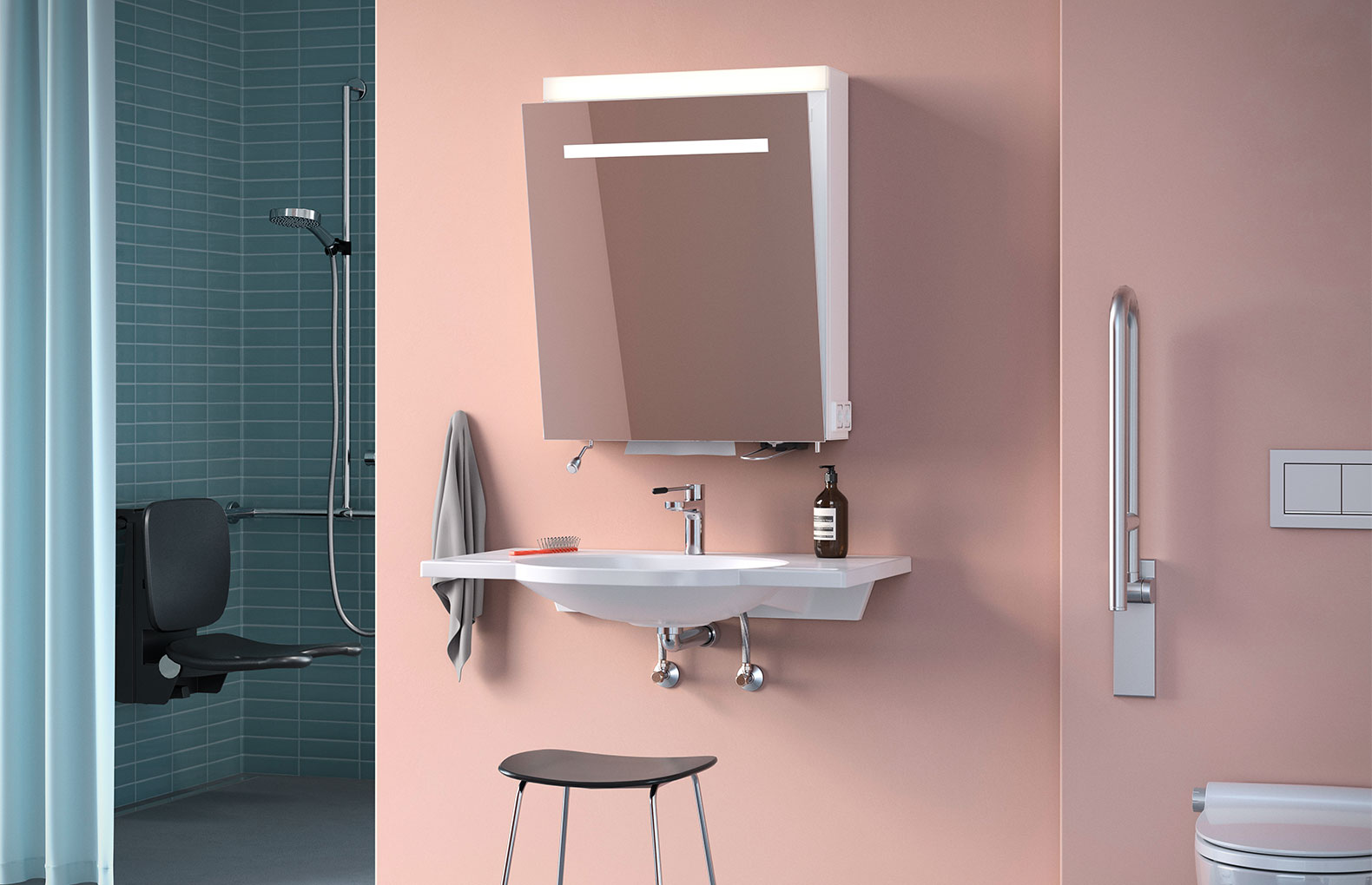Schneider CARE LED Mirror cabinet - Hygienic and easy-care Mirrored wardrobe with washbasin and shower.