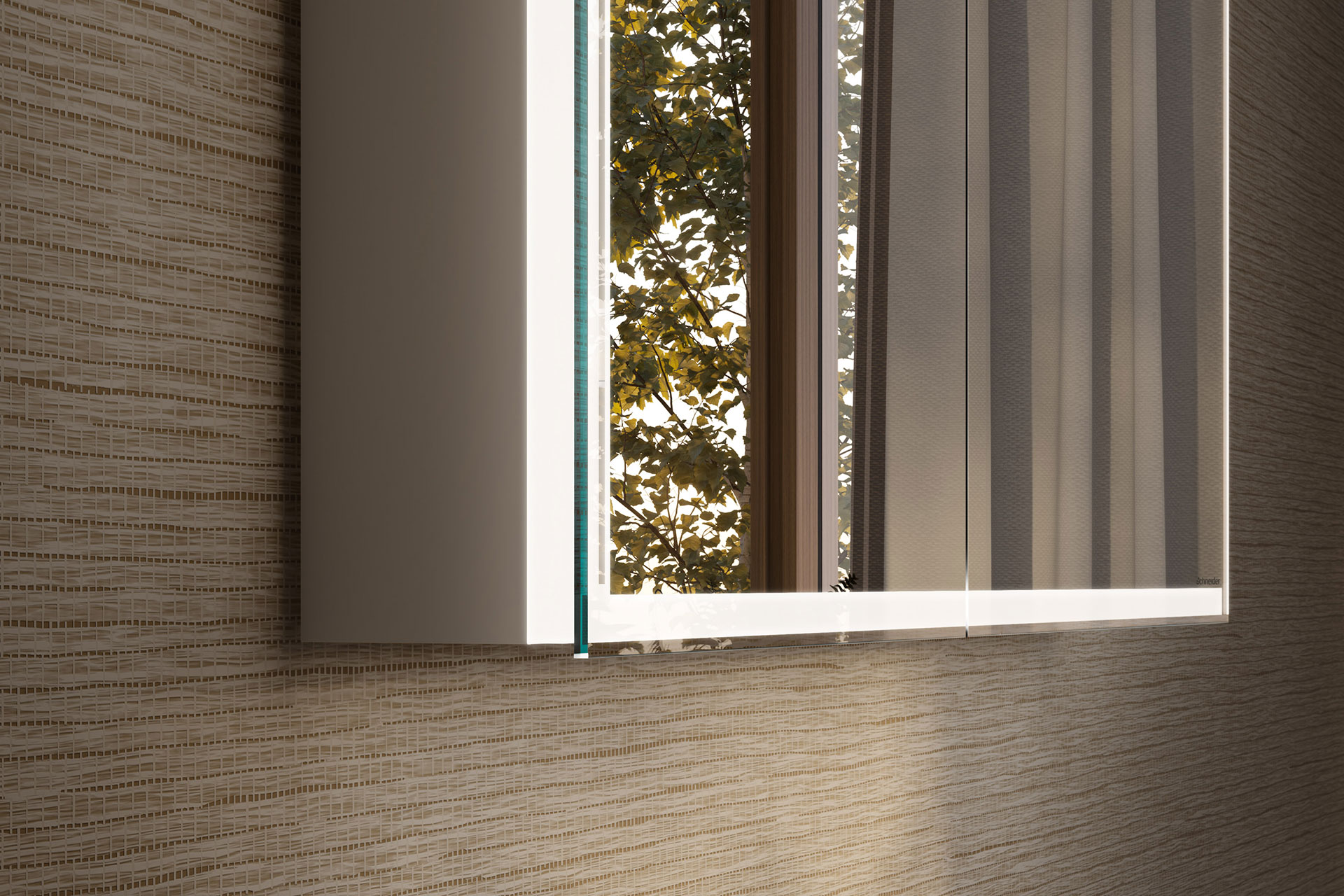 Schneider GLOW D2W - Die Perfektion der Eleganz. Schneider GLOW D2W Spiegelschrank Ecke mit schwarzen Hintergrund.