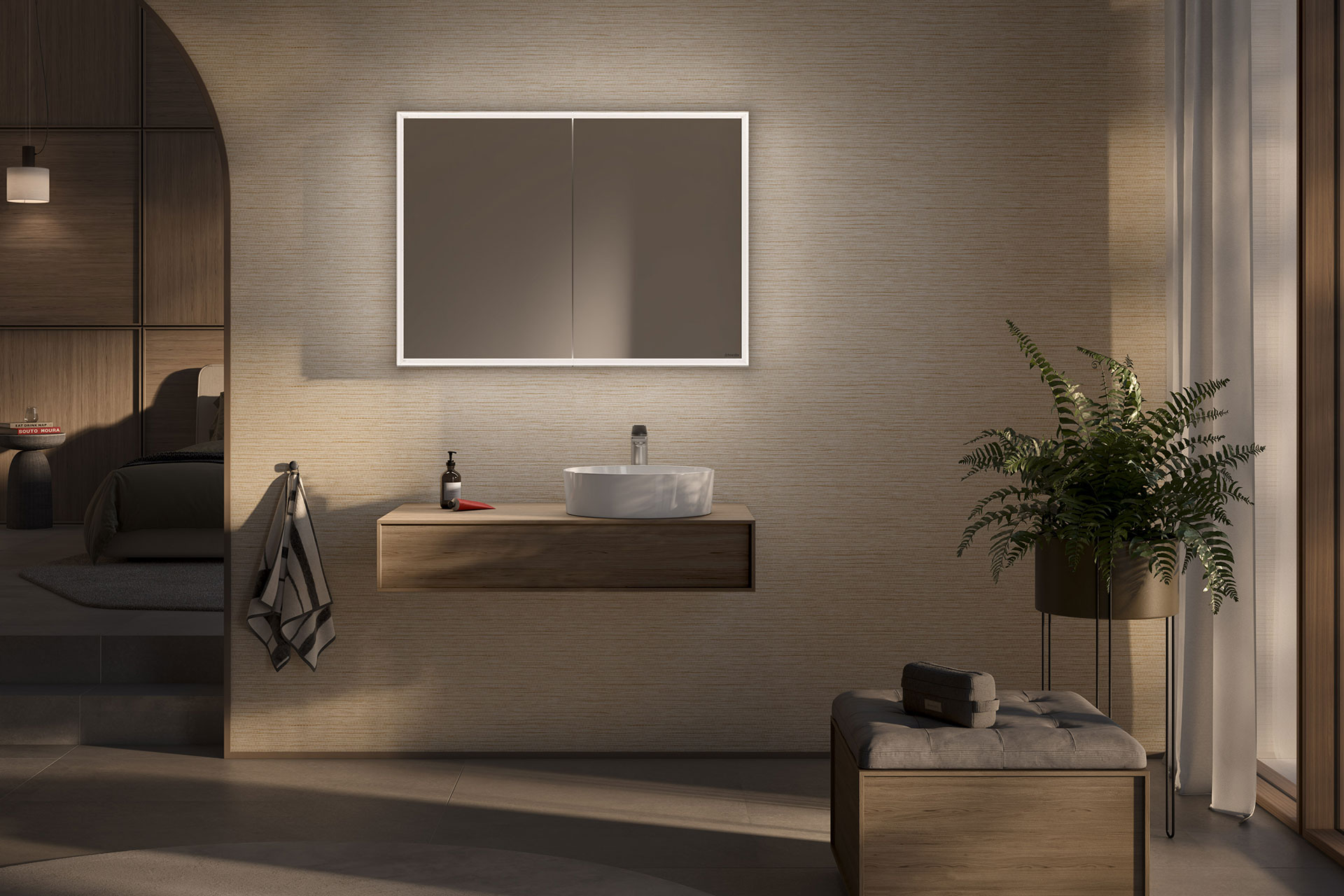 Schneider GLOW D2W Spiegelschrank - Vom Kerzen- bis zum Schminklicht. Schneider GLOW D2W Spiegelschrank mit kaltweissem Licht strahlend.