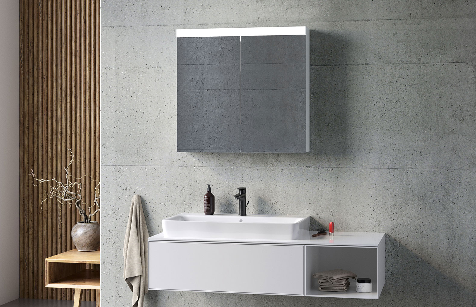 Schneider LOW basic LED Spiegelschrank Schneider LOW basic LED Spiegelschrank an Keramikplattenwand